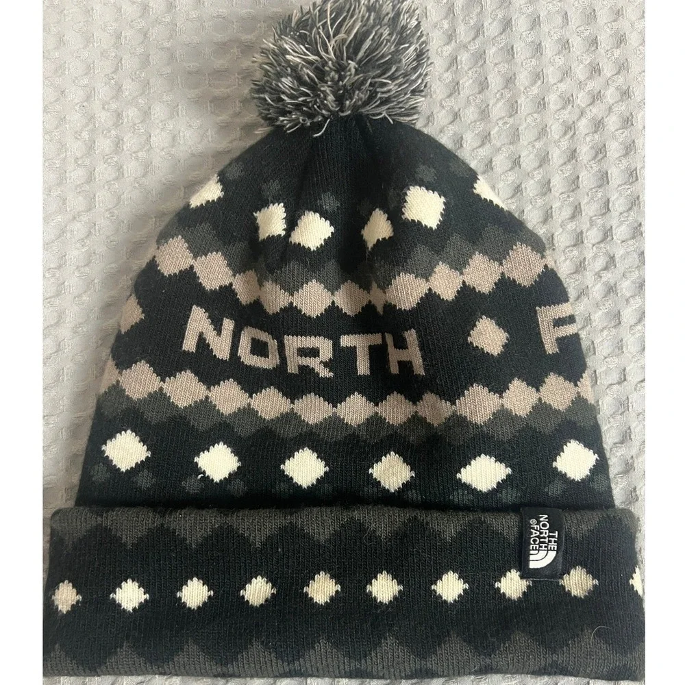 The North Face Fair Isle Pom Beanie Black Grey White Knit Cuffed Unisex Hat OS